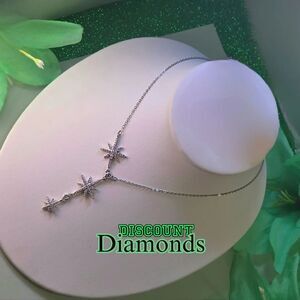 Three Star Lariat Choker Necklace Natural Zircon on 18K White Gold over Titanium